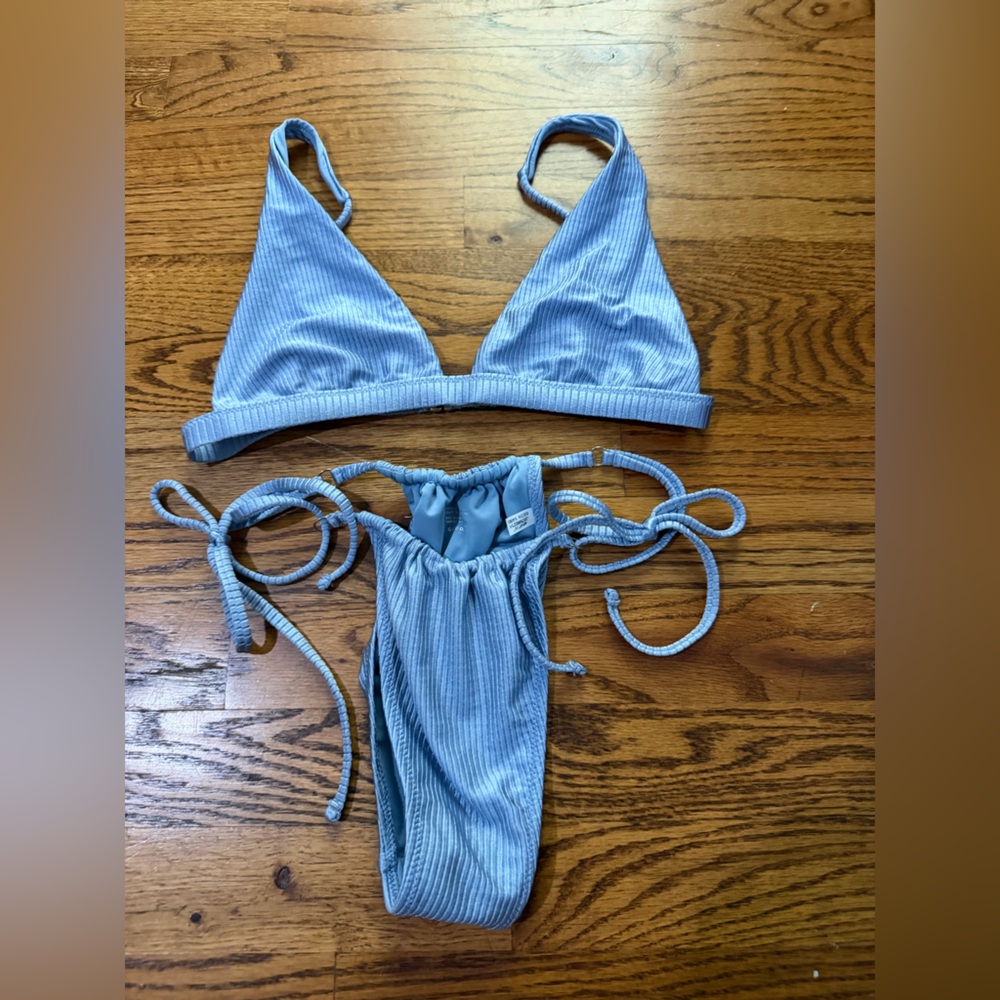 aerie Light Blue Ribbed Triangle Bikini Set